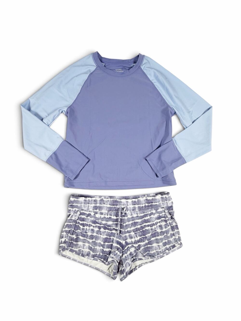 Athleta Girl Long Sleeve Rashguard Cannonball Swim Shorts Set Blue size 16 / XXL